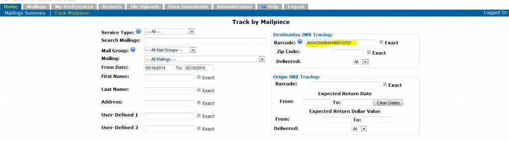 Sreengrab of mailpiece tracking screen