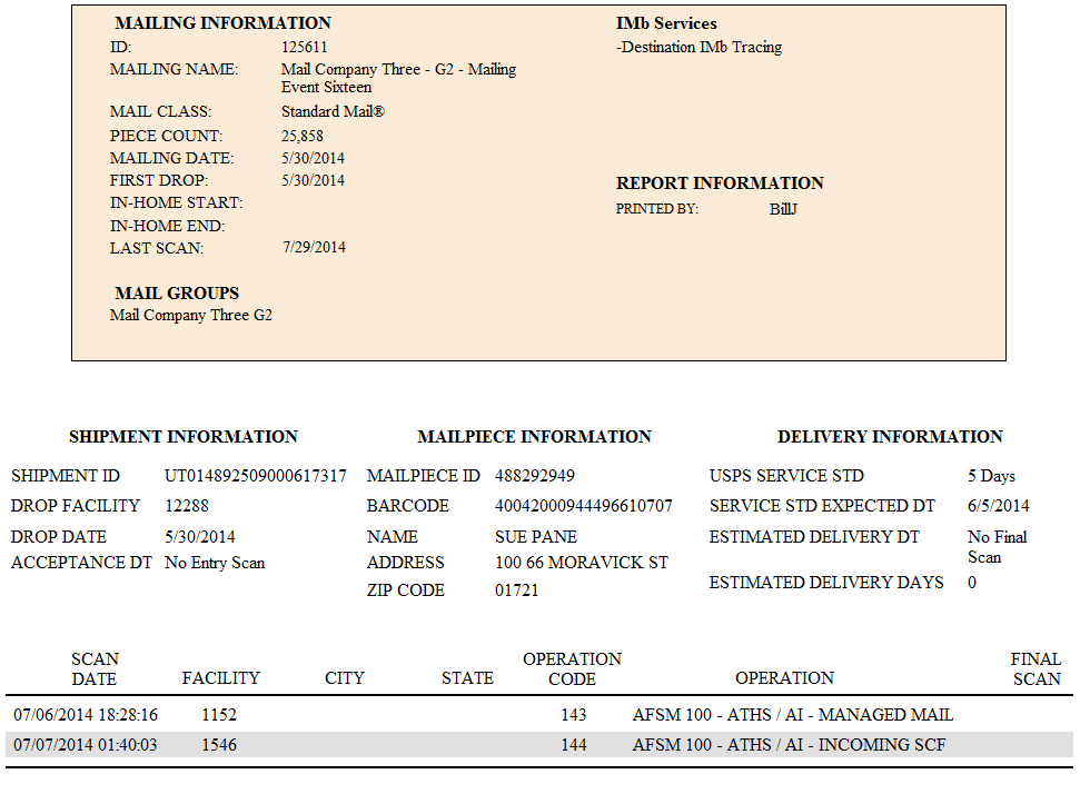 Screengrab of Mailing Information Screen